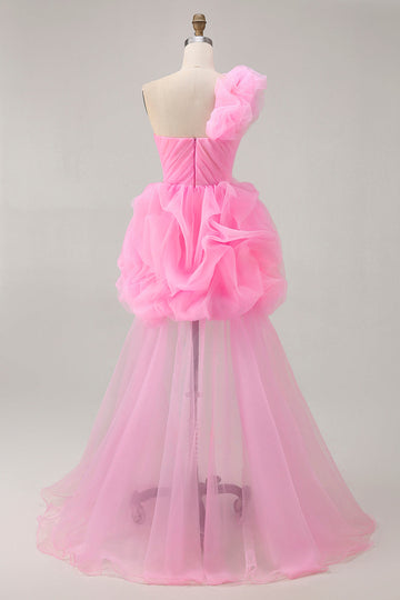 Hot Pink A Line One Shoulder Ruffled Short Party Dress